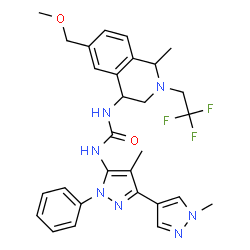 ChemSpider 2D Image | 1-(1',4-Dimethyl-1-phenyl-1H,1'H-3,4'-bipyrazol-5-yl)-3-[6-(methoxymethyl)-1-methyl-2-(2,2,2-trifluoroethyl)-1,2,3,4-tetrahydro-4-isoquinolinyl]urea | C29H32F3N7O2