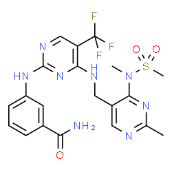 ChemSpider 2D Image | 3-({4-[({2-Methyl-4-[methyl(methylsulfonyl)amino]-5-pyrimidinyl}methyl)amino]-5-(trifluoromethyl)-2-pyrimidinyl}amino)benzamide | C20H21F3N8O3S