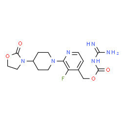 ChemSpider 2D Image | {3-Fluoro-2-[4-(2-oxo-1,3-oxazolidin-3-yl)-1-piperidinyl]-4-pyridinyl}methyl carbamimidoylcarbamate | C16H21FN6O4