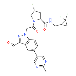 ChemSpider 2D Image | (4R)-1-{[3-Acetyl-5-(2-methyl-5-pyrimidinyl)-1H-indazol-1-yl]acetyl}-N-[(2,2-dichlorocyclopropyl)methyl]-4-fluoro-D-prolinamide | C25H25Cl2FN6O3