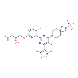 ChemSpider 2D Image | (2S)-1-(3-{4-(3,5-Dimethyl-1,2-oxazol-4-yl)-5-methyl-6-[2-(methylsulfonyl)-2,7-diazaspiro[3.5]non-7-yl]-2-pyrimidinyl}-4-fluorophenoxy)-3-(methylamino)-2-propanol | C28H37FN6O5S