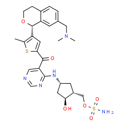 ChemSpider 2D Image | [(1R,2S,4R)-4-({5-[(4-{(1R)-7-[(Dimethylamino)methyl]-3,4-dihydro-1H-isochromen-1-yl}-5-methyl-2-thienyl)carbonyl]-4-pyrimidinyl}amino)-2-hydroxycyclopentyl]methyl sulfamate | C28H35N5O6S2
