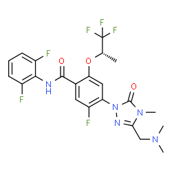 ChemSpider 2D Image | N-(2,6-Difluorophenyl)-4-{3-[(dimethylamino)methyl]-4-methyl-5-oxo-4,5-dihydro-1H-1,2,4-triazol-1-yl}-5-fluoro-2-{[(2S)-1,1,1-trifluoro-2-propanyl]oxy}benzamide | C22H21F6N5O3