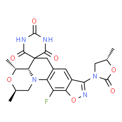 ChemSpider 2D Image | (2R,4R,4aS)-11-Fluoro-2,4-dimethyl-8-[(5S)-5-methyl-2-oxo-1,3-oxazolidin-3-yl]-1,2,4,4a-tetrahydro-2'H,6H-spiro[1,4-oxazino[4,3-a][1,2]oxazolo[4,5-g]quinoline-5,5'-pyrimidine]-2',4',6'(1'H,3'H)-trione | C22H22FN5O7