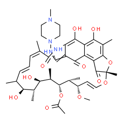 ChemSpider 2D Image | (7S,9E,11S,12R,13R,14R,15R,16R,17S,19E,21Z,26E)-2,15,17,29-Tetrahydroxy-11-methoxy-3,7,12,14,16,18,22-heptamethyl-26-{[(4-methyl-1-piperazinyl)amino]methylene}-6,23,27-trioxo-8,30-dioxa-24-azatetracyc
lo[23.3.1.1~4,7~.0~5,28~]triaconta-1(28),2,4,9,19,21,25(29)-heptaen-13-yl acetate | C43H58N4O12