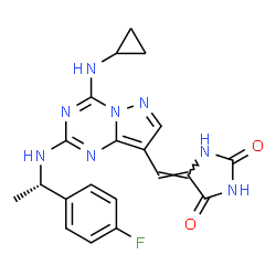 ChemSpider 2D Image | (5Z)-5-{[4-(Cyclopropylamino)-2-{[(1S)-1-(4-fluorophenyl)ethyl]amino}pyrazolo[1,5-a][1,3,5]triazin-8-yl]methylene}-2,4-imidazolidinedione | C20H19FN8O2