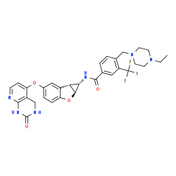 ChemSpider 2D Image | 4-[(4-Ethyl-1-piperazinyl)methyl]-N-{(1S,1aS,6bR)-5-[(2-oxo-1,2,3,4-tetrahydropyrido[2,3-d]pyrimidin-5-yl)oxy]-1a,6b-dihydro-1H-cyclopropa[b][1]benzofuran-1-yl}-3-(trifluoromethyl)benzamide | C31H31F3N6O4