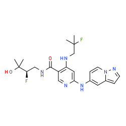 ChemSpider 2D Image | N-[(2R)-2-Fluoro-3-hydroxy-3-methylbutyl]-4-[(2-fluoro-2-methylpropyl)amino]-6-(pyrazolo[1,5-a]pyridin-5-ylamino)nicotinamide | C22H28F2N6O2