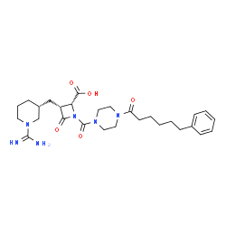 ChemSpider 2D Image | (2R,3R)-3-{[(3R)-1-Carbamimidoyl-3-piperidinyl]methyl}-4-oxo-1-{[4-(6-phenylhexanoyl)-1-piperazinyl]carbonyl}-2-azetidinecarboxylic acid | C28H40N6O5