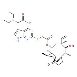 ChemSpider 2D Image | (1S,2R,3S,4S,6R,7R,8R,14R)-3-Hydroxy-2,4,7,14-tetramethyl-9-oxo-4-vinyltricyclo[5.4.3.0~1,8~]tetradec-6-yl ({4-[(N,N-diethylglycyl)amino]-7H-pyrrolo[2,3-d]pyrimidin-2-yl}sulfanyl)acetate | C34H49N5O5S