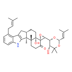 ChemSpider 2D Image | (3'R,4S,4aS,6aS,12bS,12cR)-4a-Hydroxy-3'-[(2S,4R,5R)-5-hydroxy-6,6-dimethyl-2-(2-methyl-1-propen-1-yl)-1,3-dioxan-4-yl]-12b,12c-dimethyl-8-(3-methyl-2-buten-1-yl)-1,2,4a,5,6,6a,7,12,12b,12c-decahydro-
3H-spiro[benzo[6,7]indeno[1,2-b]indole-4,2'-oxiran]-3-one | C37H49NO6