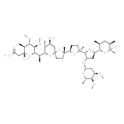 ChemSpider 2D Image | [(2R,3S,4S,5R,6S)-6-{(1R)-1-[(2S,5R,7S,8R,9S)-2-{(2S,2'R,3'S,5R,5'R)-3'-{[(2R,4R,5S,6S)-4,5-Dimethoxy-6-methyltetrahydro-2H-pyran-2-yl]oxy}-5'-[(2S,3S,5R,6S)-6-hydroxy-3,5,6-trimethyltetrahydro-2H-pyr
an-2-yl]-2-methyloctahydro-2,2'-bifuran-5-yl}-9-hydroxy-2,8-dimethyl-1,6-dioxaspiro[4.5]dec-7-yl]ethyl}-2-hydroxy-4,5-dimethoxy-3-methyltetrahydro-2H-pyran-2-yl]acetic acid (non-preferred name) | C47H80O17
