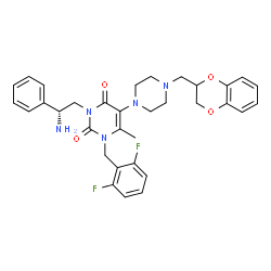 ChemSpider 2D Image | 3-[(2R)-2-Amino-2-phenylethyl]-1-(2,6-difluorobenzyl)-5-[4-(2,3-dihydro-1,4-benzodioxin-2-ylmethyl)-1-piperazinyl]-6-methyl-2,4(1H,3H)-pyrimidinedione | C33H35F2N5O4