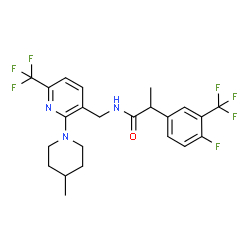 ChemSpider 2D Image | 2-[4-Fluoro-3-(trifluoromethyl)phenyl]-N-{[2-(4-methyl-1-piperidinyl)-6-(trifluoromethyl)-3-pyridinyl]methyl}propanamide | C23H24F7N3O