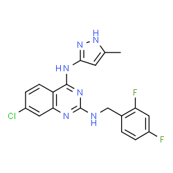 ChemSpider 2D Image | 7-Chloro-N~2~-(2,4-difluorobenzyl)-N~4~-(5-methyl-1H-pyrazol-3-yl)-2,4-quinazolinediamine | C19H15ClF2N6