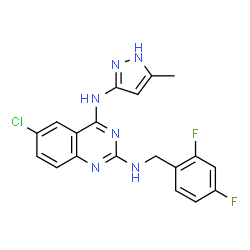 ChemSpider 2D Image | 6-Chloro-N~2~-(2,4-difluorobenzyl)-N~4~-(5-methyl-1H-pyrazol-3-yl)-2,4-quinazolinediamine | C19H15ClF2N6