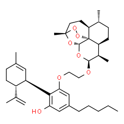 ChemSpider 2D Image | 2-[(1R,6R)-6-Isopropenyl-3-methyl-2-cyclohexen-1-yl]-5-pentyl-3-(2-{[(1S,4S,5R,8S,9R,10S,12R,13R)-1,5,9-trimethyl-11,14,15,16-tetraoxatetracyclo[10.3.1.0~4,13~.0~8,13~]hexadec-10-yl]oxy}ethoxy)phenol | C38H56O7