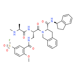 ChemSpider 2D Image | N-[(2S)-1-[(3S)-3-[(1R)-2,3-Dihydro-1H-inden-1-ylcarbamoyl]-3,4-dihydro-2(1H)-isoquinolinyl]-3-{[5-(fluorosulfonyl)-2-methoxybenzoyl]amino}-1-oxo-2-propanyl]-N~2~-methyl-L-alaninamide | C34H38FN5O7S