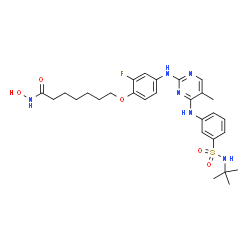 ChemSpider 2D Image | 7-(2-Fluoro-4-{[5-methyl-4-({3-[(2-methyl-2-propanyl)sulfamoyl]phenyl}amino)-2-pyrimidinyl]amino}phenoxy)-N-hydroxyheptanamide | C28H37FN6O5S