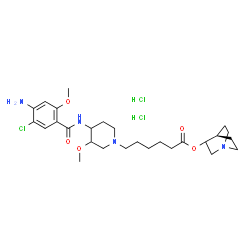 ChemSpider 2D Image | 1-Azabicyclo[2.2.2]oct-3-yl 6-{4-[(4-amino-5-chloro-2-methoxybenzoyl)amino]-3-methoxy-1-piperidinyl}hexanoate dihydrochloride | C27H43Cl3N4O5