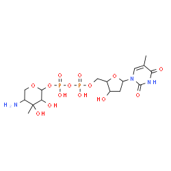ChemSpider 2D Image | 5-Amino-3,4-dihydroxy-4-methyltetrahydro-2H-pyran-2-yl [3-hydroxy-5-(5-methyl-2,4-dioxo-3,4-dihydro-1(2H)-pyrimidinyl)tetrahydro-2-furanyl]methyl dihydrogen diphosphate (non-preferred name) | C16H27N3O14P2