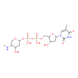 ChemSpider 2D Image | 4-Hydroxy-5-(methylamino)tetrahydro-2H-pyran-2-yl [3-hydroxy-5-(5-methyl-2,4-dioxo-3,4-dihydro-1(2H)-pyrimidinyl)tetrahydro-2-furanyl]methyl dihydrogen diphosphate (non-preferred name) | C16H27N3O13P2