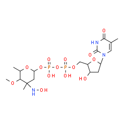 ChemSpider 2D Image | 4-(Hydroxyamino)-5-methoxy-4,6-dimethyltetrahydro-2H-pyran-2-yl [3-hydroxy-5-(5-methyl-2,4-dioxo-3,4-dihydro-1(2H)-pyrimidinyl)tetrahydro-2-furanyl]methyl dihydrogen diphosphate (non-preferred name) | C18H31N3O14P2