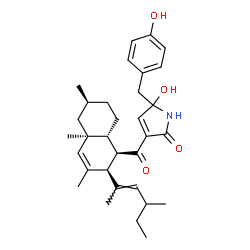 ChemSpider 2D Image | 5-Hydroxy-5-(4-hydroxybenzyl)-3-({(1R,2S,4aS,6S,8aR)-3,4a,6-trimethyl-2-[(2E)-4-methyl-2-hexen-2-yl]-1,2,4a,5,6,7,8,8a-octahydro-1-naphthalenyl}carbonyl)-1,5-dihydro-2H-pyrrol-2-one | C32H43NO4