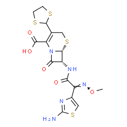 ChemSpider 2D Image | (6R,7R)-7-{[(2E)-2-(2-Amino-1,3-thiazol-4-yl)-2-(methoxyimino)acetyl]amino}-3-(1,3-dithiolan-2-yl)-8-oxo-5-thia-1-azabicyclo[4.2.0]oct-2-ene-2-carboxylic acid | C16H17N5O5S4