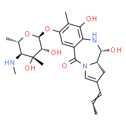 ChemSpider 2D Image | (11R,11aS)-9,11-Dihydroxy-8-methyl-5-oxo-2-[(1E)-1-propen-1-yl]-5,10,11,11a-tetrahydro-1H-pyrrolo[2,1-c][1,4]benzodiazepin-7-yl 4,6-dideoxy-3-C-methyl-4-(methylamino)-alpha-L-mannopyranoside | C24H33N3O7