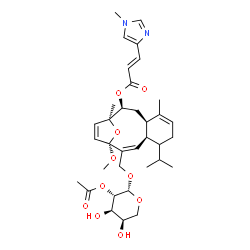 ChemSpider 2D Image | (1S,2S,4R,9S,10Z,12R)-11-{[(2-O-Acetyl-beta-D-arabinopyranosyl)oxy]methyl}-8-isopropyl-12-methoxy-1,5-dimethyl-15-oxatricyclo[10.2.1.0~4,9~]pentadeca-5,10,13-trien-2-yl (2E)-3-(1-methyl-1H-imidazol-4-
yl)acrylate | C35H48N2O10