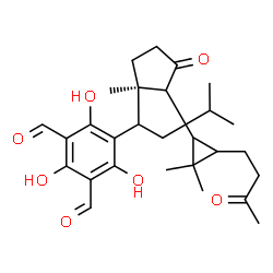 ChemSpider 2D Image | 5-(1-{(1R)-2-[2,2-Dimethyl-3-(3-oxobutyl)cyclopropyl]-1-methyl-3-oxocyclopentyl}-3-methylbutyl)-2,4,6-trihydroxyisophthalaldehyde | C28H38O7
