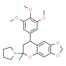 ChemSpider 2D Image | 1-[6-Methyl-8-(3,4,5-trimethoxyphenyl)-7,8-dihydro-6H-[1,3]dioxolo[4,5-g]chromen-6-yl]pyrrolidine | C24H29NO6