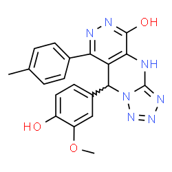 ChemSpider 2D Image | 9-(4-Hydroxy-3-methoxyphenyl)-8-(4-methylphenyl)-1,9-dihydrotetrazolo[1',5':1,2]pyrimido[4,5-d]pyridazin-5(6H)-one | C20H17N7O3