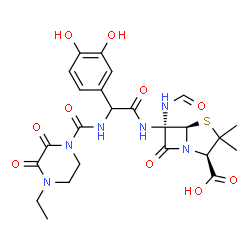 ChemSpider 2D Image | (2R,5R,6R)-6-{[(3,4-Dihydroxyphenyl){[(4-ethyl-2,3-dioxo-1-piperazinyl)carbonyl]amino}acetyl]amino}-6-formamido-3,3-dimethyl-7-oxo-4-thia-1-azabicyclo[3.2.0]heptane-2-carboxylic acid | C24H28N6O10S