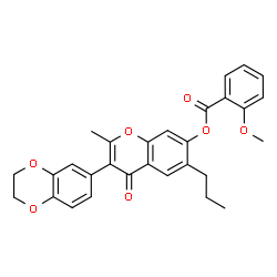 ChemSpider 2D Image | 3-(2,3-Dihydro-1,4-benzodioxin-6-yl)-2-methyl-4-oxo-6-propyl-4H-chromen-7-yl 2-methoxybenzoate | C29H26O7