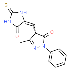 ChemSpider 2D Image | 5-Methyl-4-[(E)-(5-oxo-2-thioxo-4-imidazolidinylidene)methyl]-2-phenyl-2,4-dihydro-3H-pyrazol-3-one | C14H12N4O2S