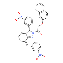 ChemSpider 2D Image | 2-(2-Naphthyloxy)-1-[(7Z)-7-(3-nitrobenzylidene)-3-(3-nitrophenyl)-3,3a,4,5,6,7-hexahydro-2H-indazol-2-yl]ethanone | C32H26N4O6