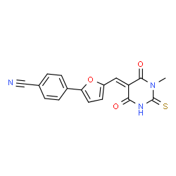 ChemSpider 2D Image | 4-{5-[(E)-(1-Methyl-4,6-dioxo-2-thioxotetrahydro-5(2H)-pyrimidinylidene)methyl]-2-furyl}benzonitrile | C17H11N3O3S