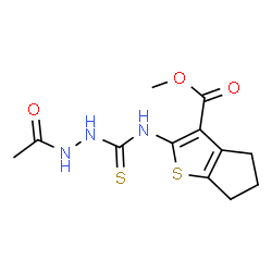 ChemSpider 2D Image | Methyl 2-{[(2-acetylhydrazino)carbothioyl]amino}-5,6-dihydro-4H-cyclopenta[b]thiophene-3-carboxylate | C12H15N3O3S2