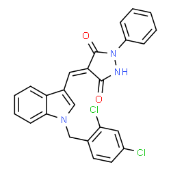 ChemSpider 2D Image | (4E)-4-{[1-(2,4-Dichlorobenzyl)-1H-indol-3-yl]methylene}-1-phenyl-3,5-pyrazolidinedione | C25H17Cl2N3O2