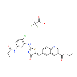 ChemSpider 2D Image | Ethyl 6-{(Z)-[2-{[2-chloro-5-(isobutyrylamino)phenyl]amino}-4-oxo-1,3-thiazol-5(4H)-ylidene]methyl}-3-quinolinecarboxylate trifluoroacetate (1:1) | C28H24ClF3N4O6S