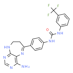 ChemSpider 2D Image | 1-[4-(4-Amino-8,9-dihydro-7H-pyrimido[4,5-b][1,4]diazepin-6-yl)phenyl]-3-[3-(trifluoromethyl)phenyl]urea | C21H18F3N7O