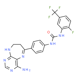 ChemSpider 2D Image | 1-[4-(4-Amino-8,9-dihydro-7H-pyrimido[4,5-b][1,4]diazepin-6-yl)phenyl]-3-[2-fluoro-5-(trifluoromethyl)phenyl]urea | C21H17F4N7O