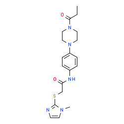 ChemSpider 2D Image | 2-[(1-Methyl-1H-imidazol-2-yl)sulfanyl]-N-[4-(4-propionyl-1-piperazinyl)phenyl]acetamide | C19H25N5O2S