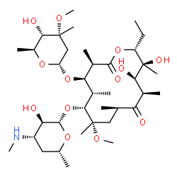 ChemSpider 2D Image | (3R,4R,5S,6R,7S,9R,11R,12R,13S,14R)-14-Ethyl-12,13-dihydroxy-4-{[(2R,4R,5S,6S)-5-hydroxy-4-methoxy-4,6-dimethyltetrahydro-2H-pyran-2-yl]oxy}-6-{[(2S,3R,4S,6R)-3-hydroxy-6-methyl-4-(methylamino)tetrahy
dro-2H-pyran-2-yl]oxy}-7-methoxy-3,5,7,9,11,13-hexamethyloxacyclotetradecane-2,10-dione | C37H67NO13