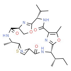 ChemSpider 2D Image | (4S,11R,15S,18R)-4-[(2S)-2-Butanyl]-11-isopropyl-7,18-dimethyl-6,13-dioxa-20-thia-3,10,17,22,23,24-hexaazatetracyclo[17.2.1.1~5,8~.1~12,15~]tetracosa-1(21),5(24),7,12(23),19(22)-pentaene-2,9,16-trione | C24H32N6O5S