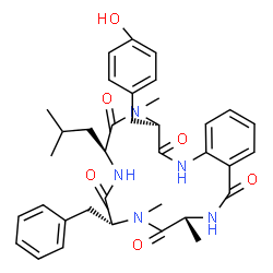 ChemSpider 2D Image | (3R,6S,9R,12R)-9-Benzyl-3-(4-hydroxybenzyl)-6-isobutyl-4,10,12-trimethyl-3,4,6,7,9,10,12,13-octahydro-1,4,7,10,13-benzopentaazacyclohexadecine-2,5,8,11,14(1H)-pentone | C36H43N5O6