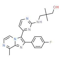 ChemSpider 2D Image | 3-({4-[2-(4-Fluorophenyl)-8-methylimidazo[1,2-a]pyrazin-3-yl]-2-pyrimidinyl}amino)-2,2-dimethyl-1-propanol | C22H23FN6O