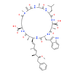 ChemSpider 2D Image | (5R,8R,11R,12S,15R,18S,19S,22R)-15-(1H-Indol-3-ylmethyl)-8-isobutyl-18-[(1E,3E,5S,6S)-6-methoxy-3,5-dimethyl-7-phenyl-1,3-heptadien-1-yl]-1,5,12,19-tetramethyl-2-methylene-3,6,9,13,16,20,25-heptaoxo-1
,4,7,10,14,17,21-heptaazacyclopentacosane-11,22-dicarboxylic acid | C54H72N8O12